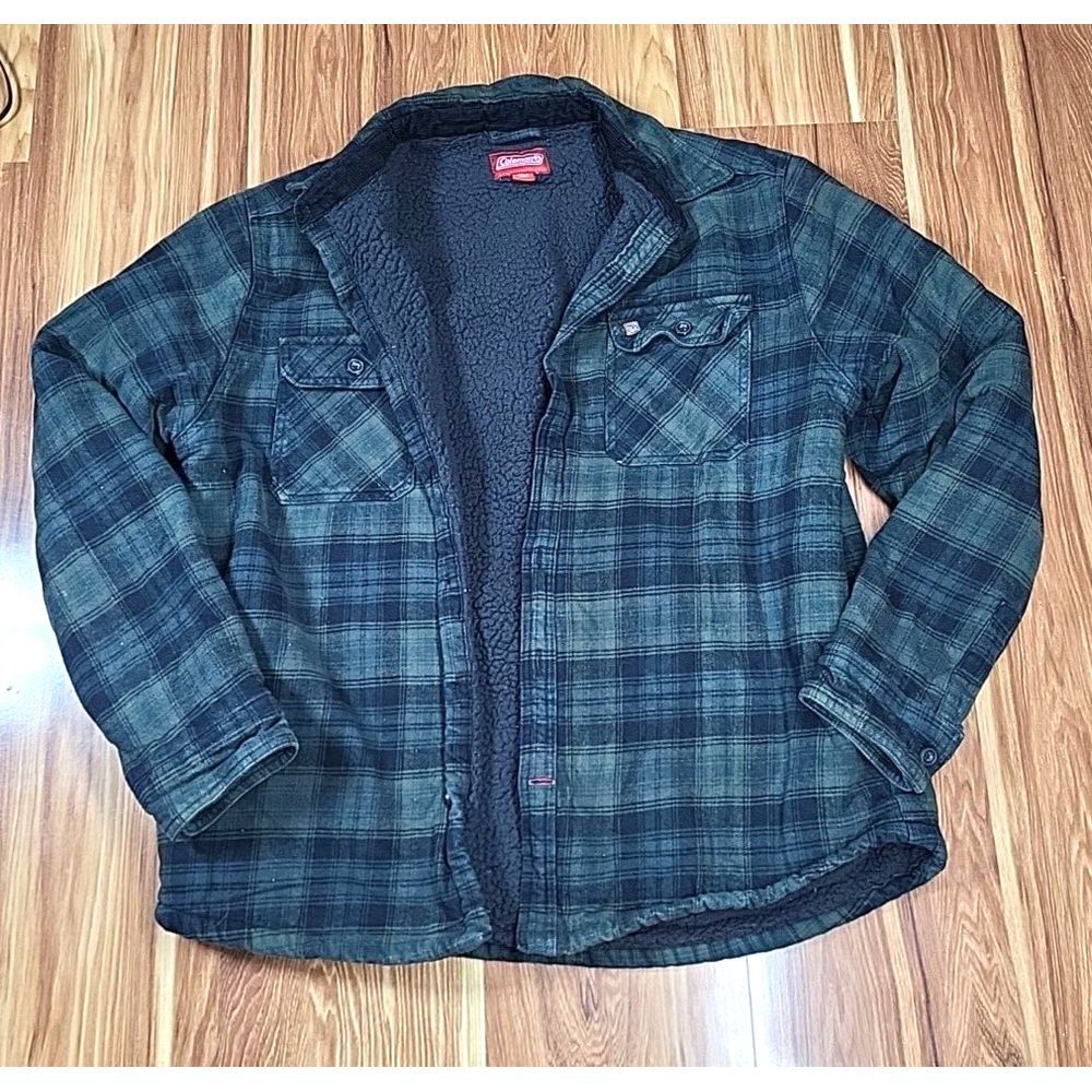 Coleman Flannel Jacket Size Large Sherpa Lined Tartan‎ Plaid Green Blue Shirt